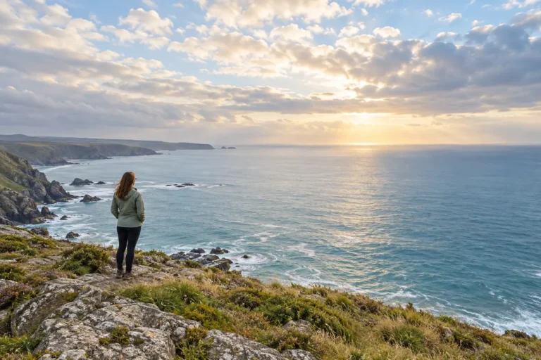 A woman stands on a quiet coastal overlook facing a wide sea and open sky.