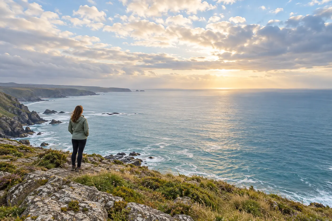 A woman stands on a quiet coastal overlook facing a wide sea and open sky.