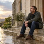 A man sits thoughtfully on the steps of a small church after the rain.
