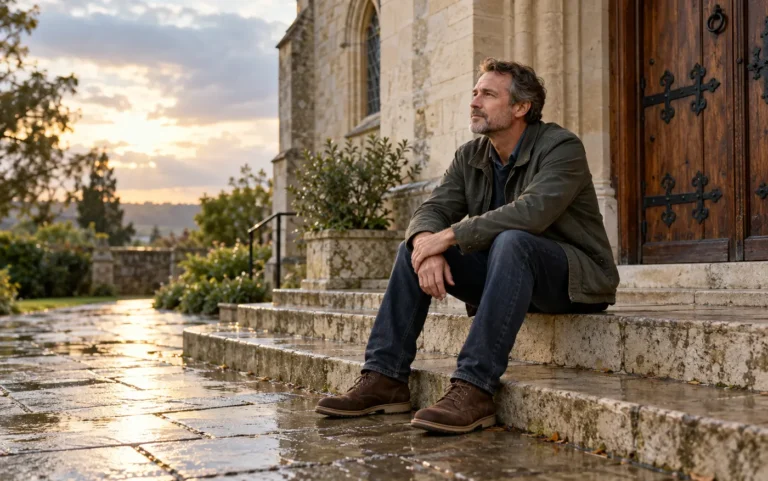 A man sits thoughtfully on the steps of a small church after the rain.