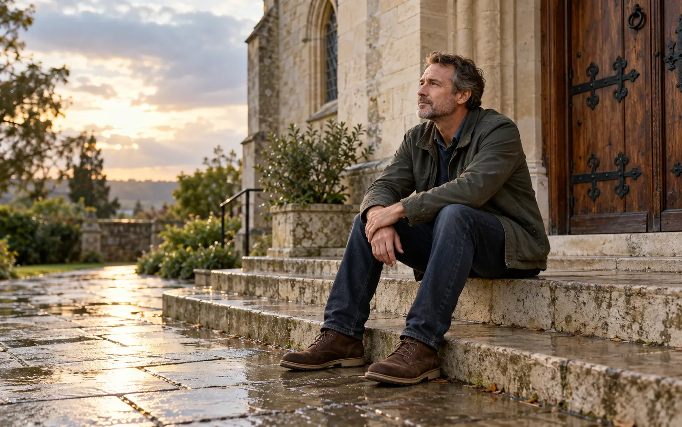 A man sits thoughtfully on the steps of a small church after the rain.