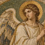A traditional angel figure depicted in a muted gold and green church mosaic.