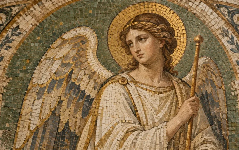 A traditional angel figure depicted in a muted gold and green church mosaic.