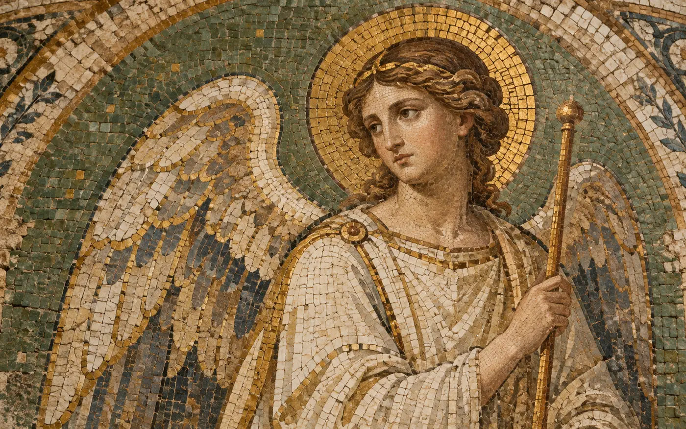 A traditional angel figure depicted in a muted gold and green church mosaic.