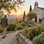 An older man walks thoughtfully along a church garden path in early morning light.