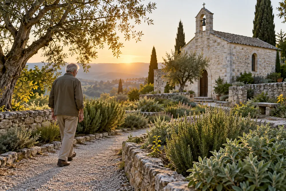 An older man walks thoughtfully along a church garden path in early morning light.