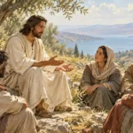 Illustration of Jesus speaking with a small group of listeners beneath an olive tree.
