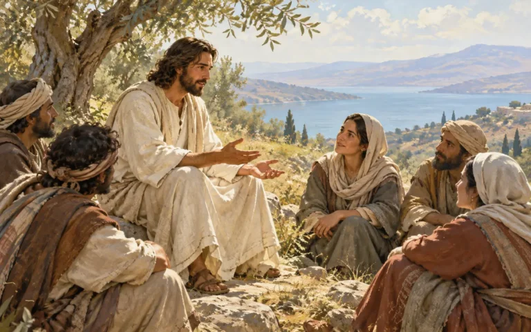 Illustration of Jesus speaking with a small group of listeners beneath an olive tree.