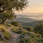 A quiet path winds through olive trees toward soft morning light beyond the hills.