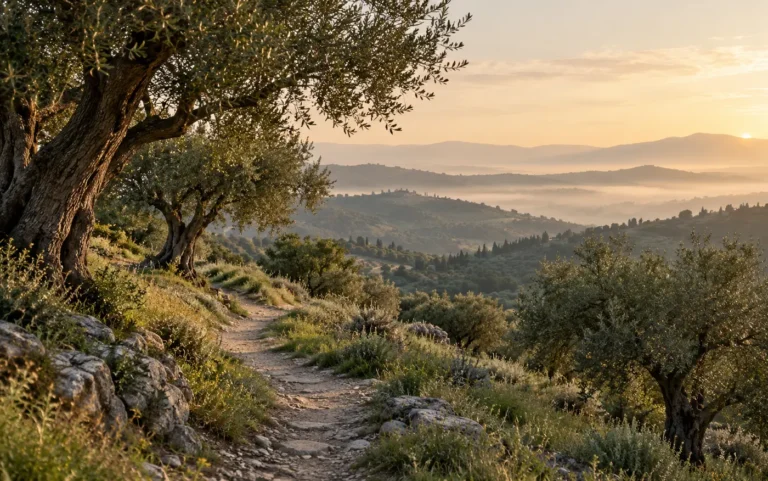 A quiet path winds through olive trees toward soft morning light beyond the hills.