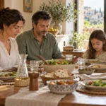 A family pauses together to give thanks before sharing a simple meal at home.