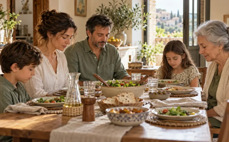 A family pauses together to give thanks before sharing a simple meal at home.