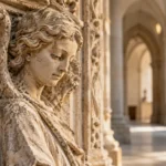 A weathered stone angel carving inside a quiet church, softly lit by a nearby window.