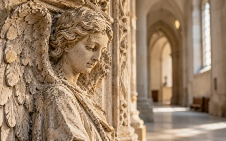 A weathered stone angel carving inside a quiet church, softly lit by a nearby window.