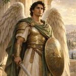 Illustration of Archangel Michael holding a lowered sword and a simple shield in a calm, dignified pose.