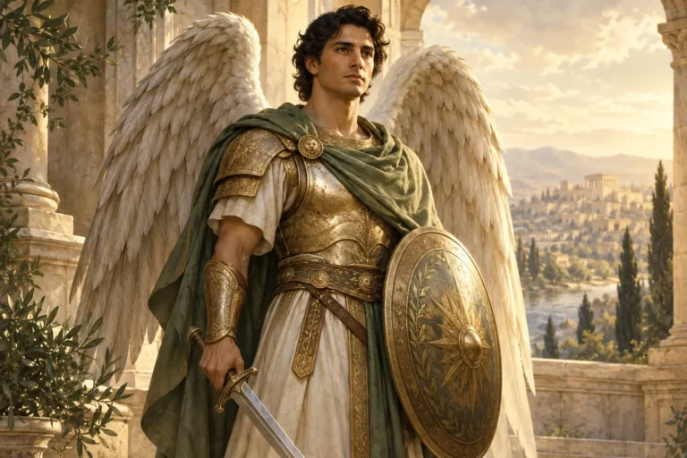 Illustration of Archangel Michael holding a lowered sword and a simple shield in a calm, dignified pose.