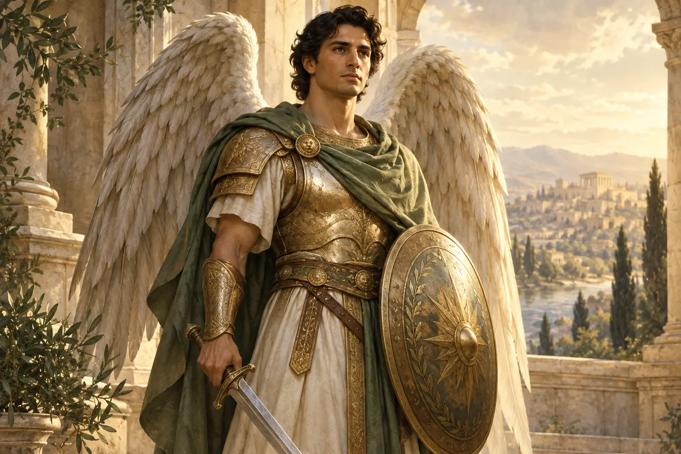 Illustration of Archangel Michael holding a lowered sword and a simple shield in a calm, dignified pose.