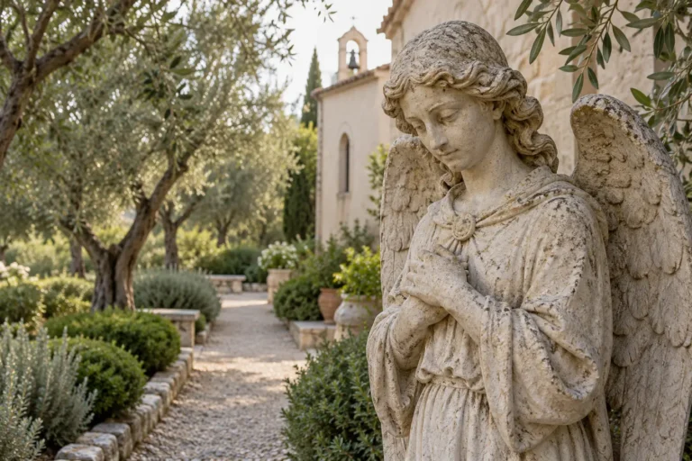 An aged stone angel sculpture stands among olive trees beside a quiet chapel garden path.