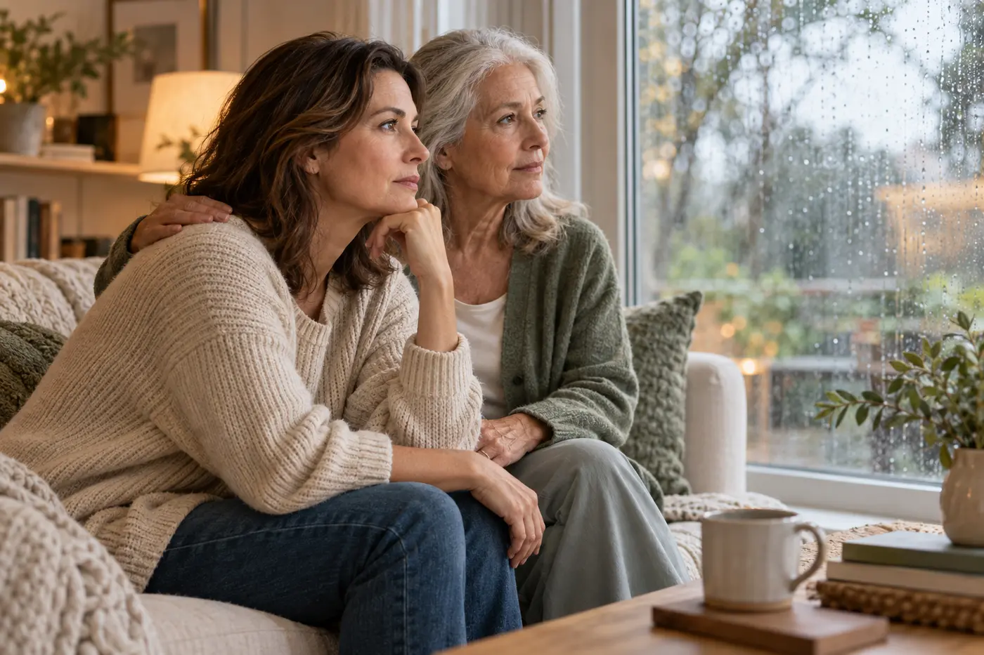 Two people sit beside a rain-streaked window, one resting a supportive hand on the other’s shoulder.