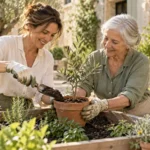 A woman and an older neighbor tend young plants together in a sunlit community garden.