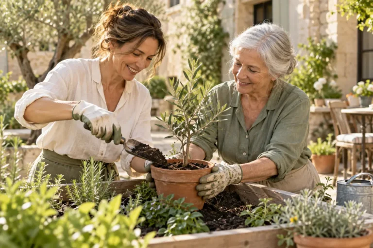 A woman and an older neighbor tend young plants together in a sunlit community garden.