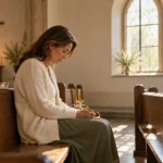 A woman bows her head in quiet prayer on a sunlit wooden church pew.