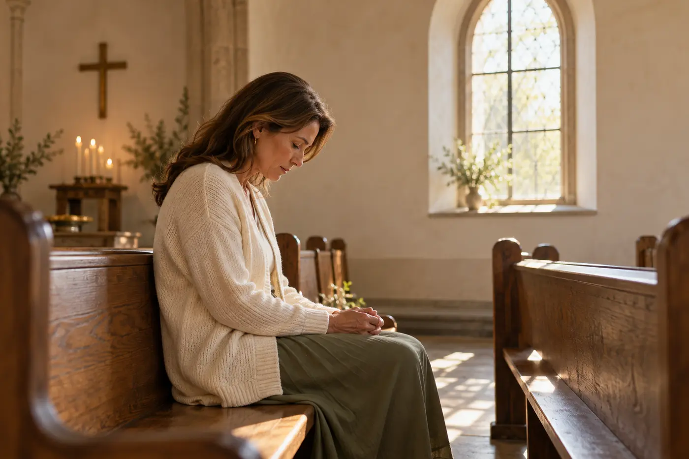 A woman bows her head in quiet prayer on a sunlit wooden church pew.
