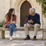 A woman listens to a man during a thoughtful conversation on a bench outside a small church.