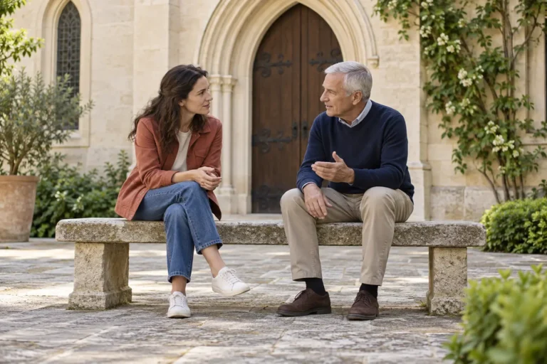 A woman listens to a man during a thoughtful conversation on a bench outside a small church.