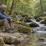 An older man sits quietly beside a woodland stream, pausing in reflection among green trees.