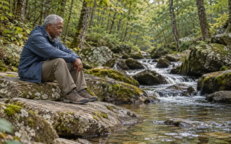 An older man sits quietly beside a woodland stream, pausing in reflection among green trees.