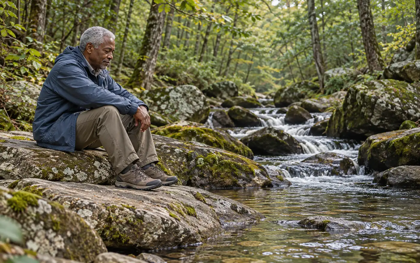 An older man sits quietly beside a woodland stream, pausing in reflection among green trees.