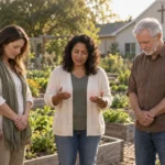 A small group of adults gathers in a garden for a quiet moment of prayer.