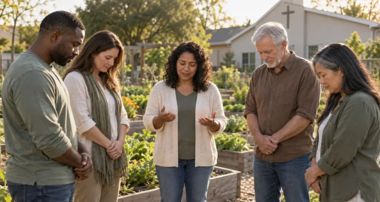 A small group of adults gathers in a garden for a quiet moment of prayer.