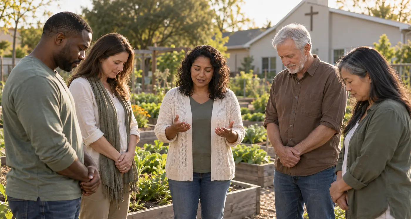 A small group of adults gathers in a garden for a quiet moment of prayer.