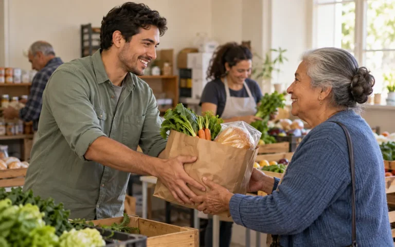 Volunteers pass a bag of fresh groceries to a neighbor at a community food pantry.