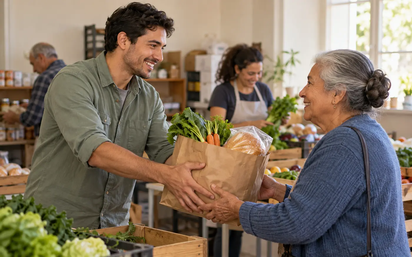 Volunteers pass a bag of fresh groceries to a neighbor at a community food pantry.