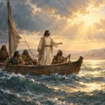 Illustration of Jesus and his disciples in a wooden boat as a storm gives way to calm.