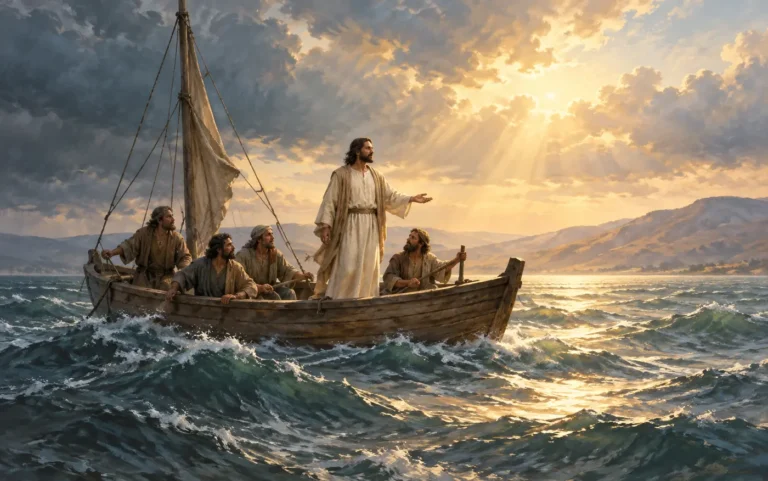Illustration of Jesus and his disciples in a wooden boat as a storm gives way to calm.