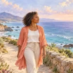Watercolor illustration of a woman walking quietly along a coastal path beside the sea.