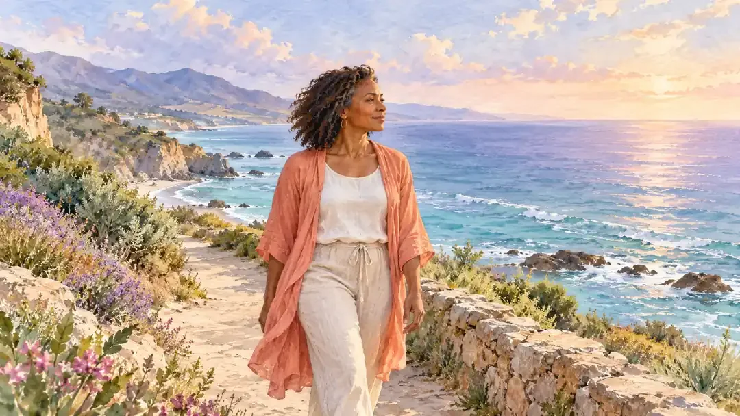 Watercolor illustration of a woman walking quietly along a coastal path beside the sea.