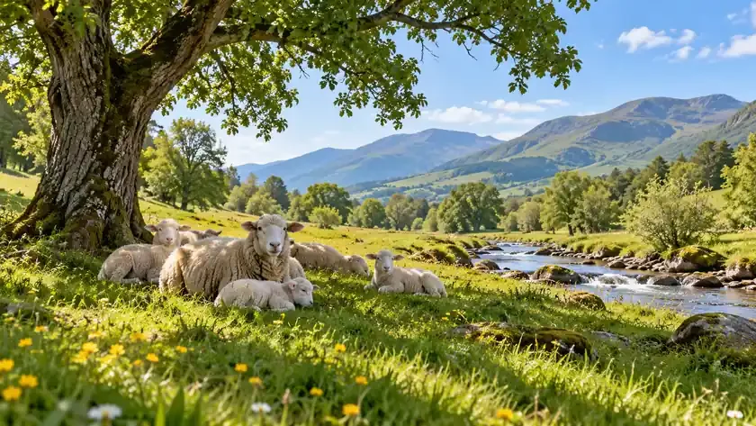 Sheep rest in the shade of a tree beside a stream in a green meadow.