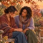 Illustration of two friends sitting together on a garden bench, one offering quiet support.