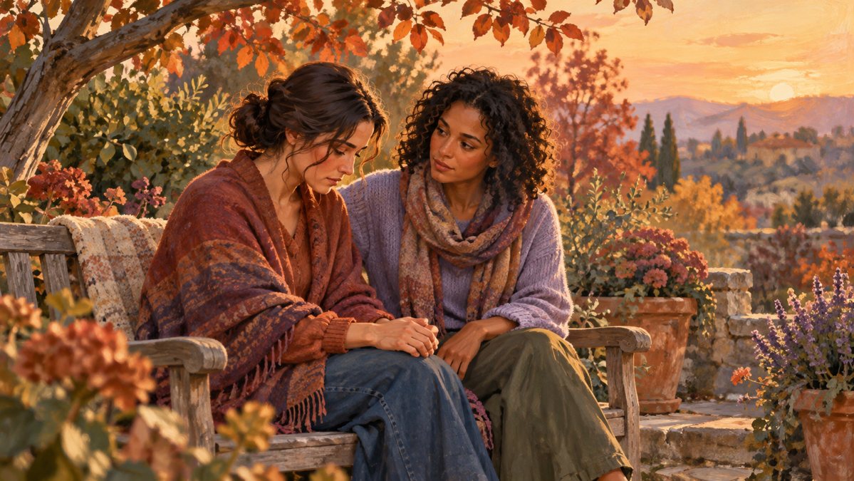 Illustration of two friends sitting together on a garden bench, one offering quiet support.