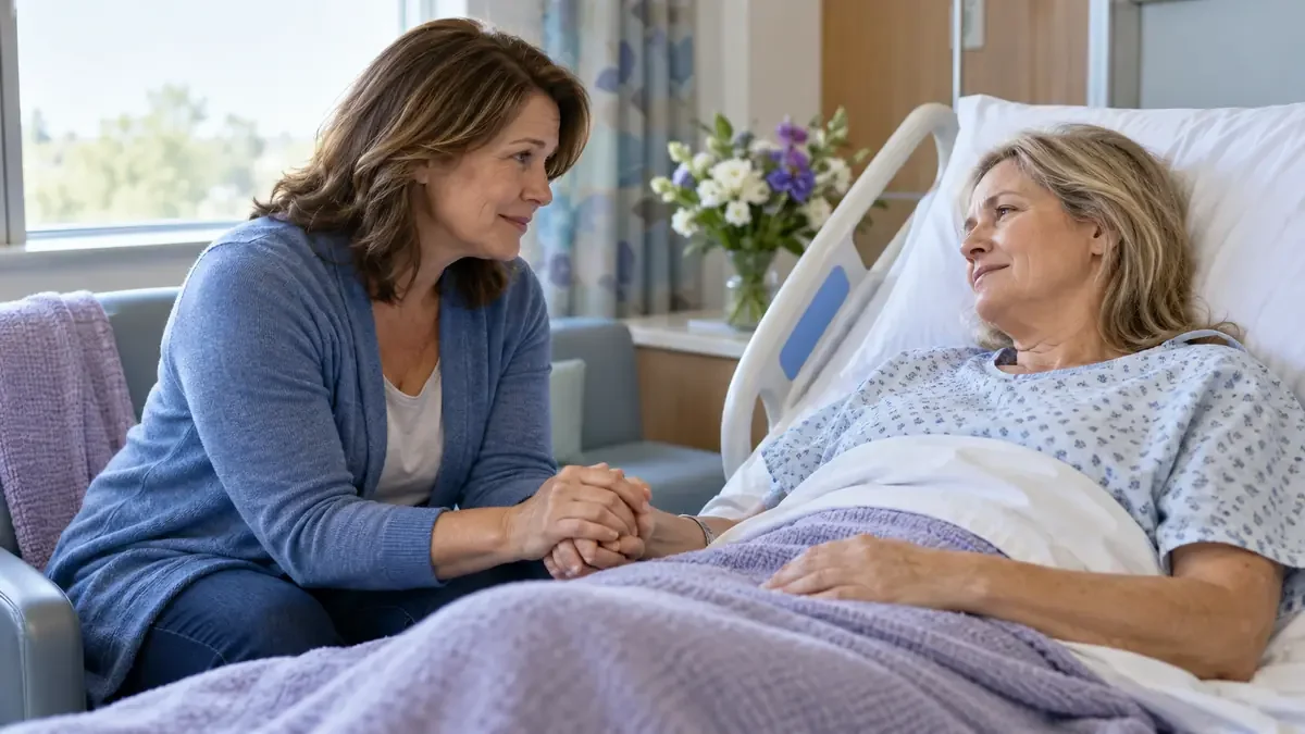 A woman holds her friend's hand during a quiet visit in a bright hospital room.