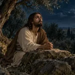 Devotional illustration of Jesus kneeling in prayer beside an olive tree in Gethsemane at night.