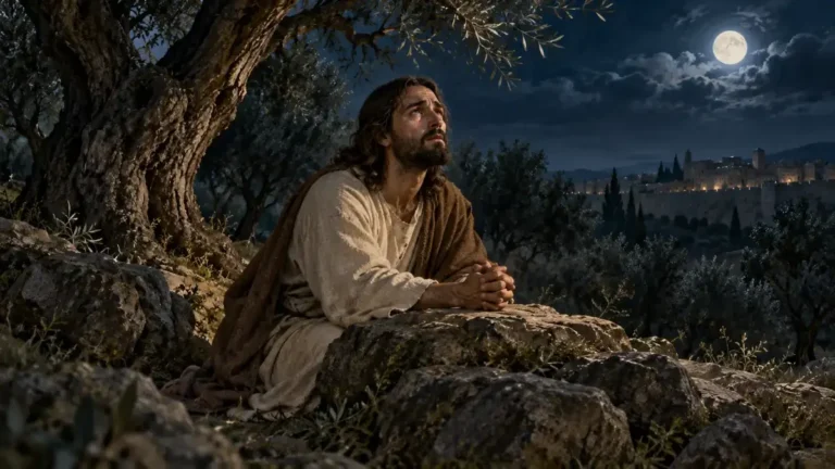 Devotional illustration of Jesus kneeling in prayer beside an olive tree in Gethsemane at night.