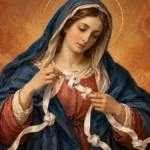 Devotional painting of the Virgin Mary gently untying knots in a long white ribbon.
