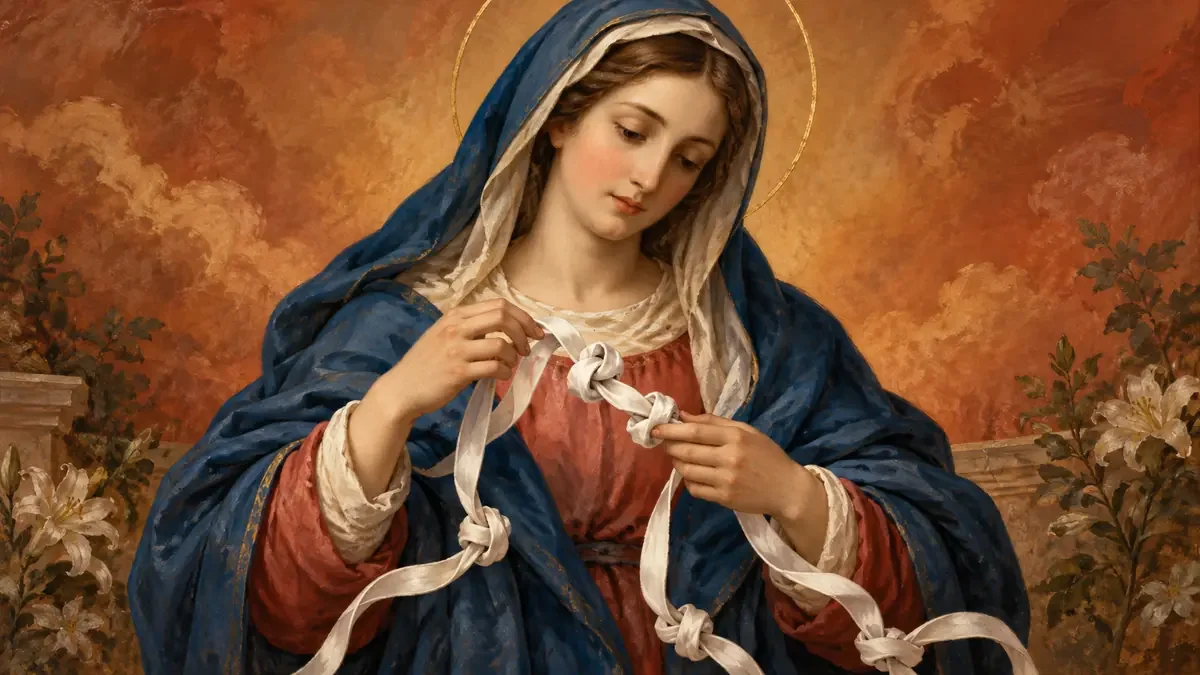 Devotional painting of the Virgin Mary gently untying knots in a long white ribbon.