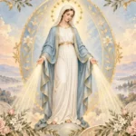 Original devotional illustration of the Virgin Mary in a pale blue mantle with open hands and an oval motif.